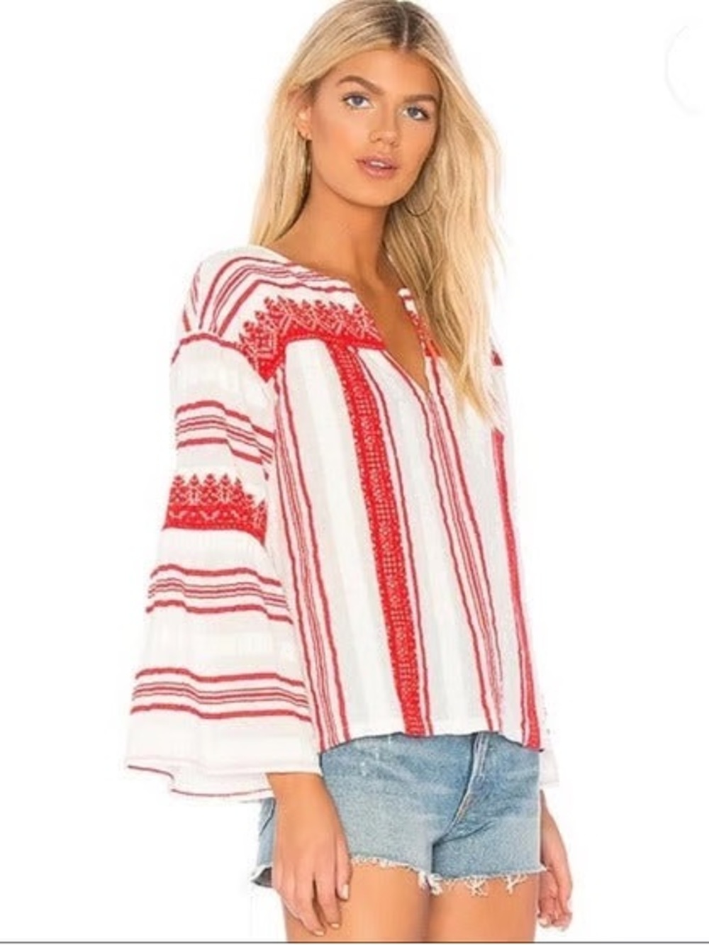 Joie Selbea White and Red Embroidered Peasant Tunic Top